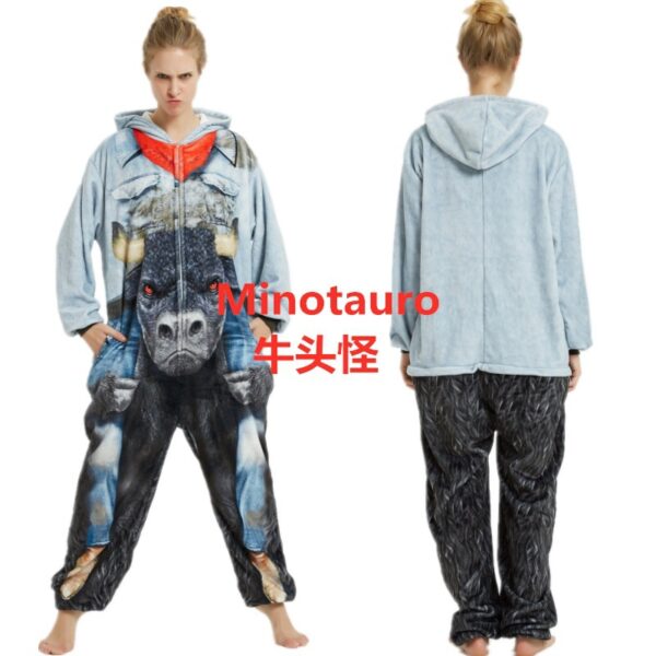 Flannel Cute Cartoon Animation Animal Pajamas Minotaur Elk Husky One-Piece Pajamas For Men And Women - Image 6