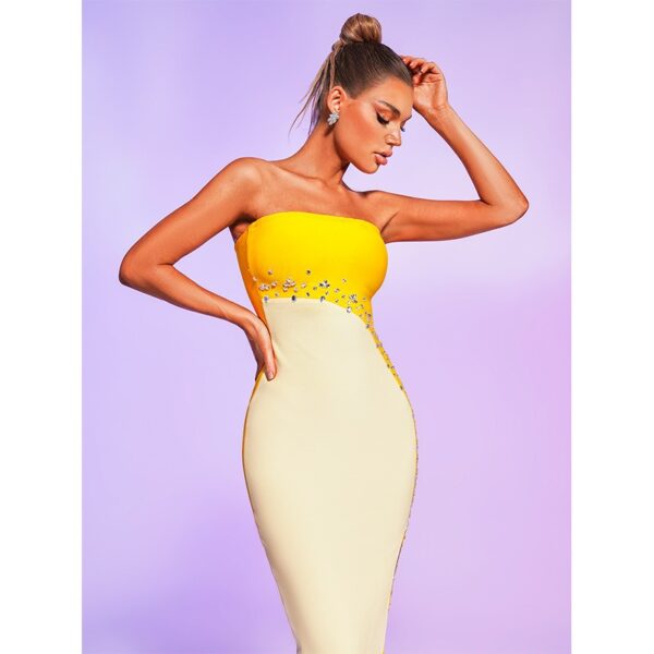 Dresses for European and American clothing, yellow color patchwork slit bandage skirt - Image 4