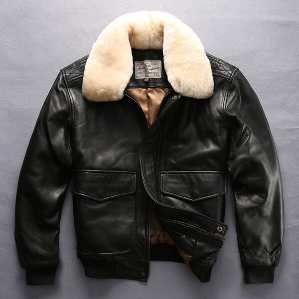 Sheepskin Jacket Casual Aviation Flight Suit Leather Jacket - Image 4