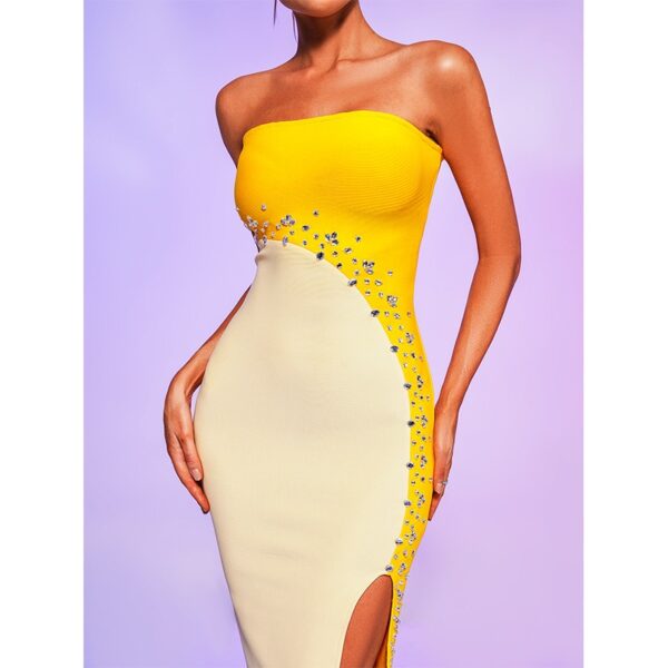 Dresses for European and American clothing, yellow color patchwork slit bandage skirt - Image 6