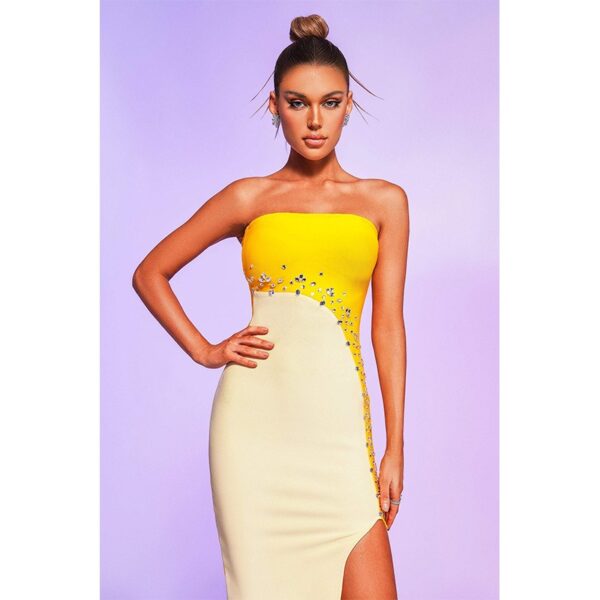 Dresses for European and American clothing, yellow color patchwork slit bandage skirt - Image 5