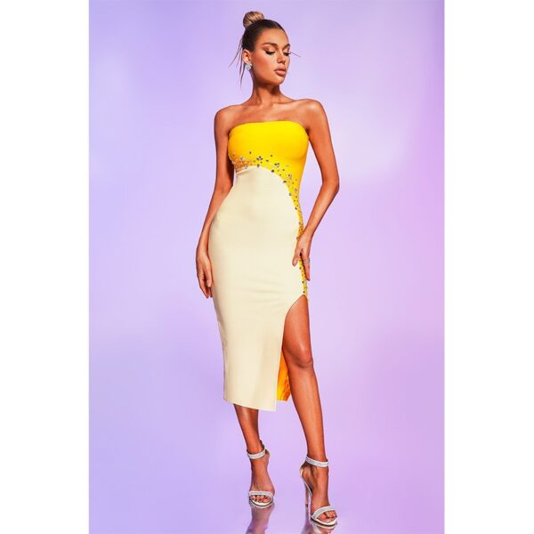 Dresses for European and American clothing, yellow color patchwork slit bandage skirt - Image 3