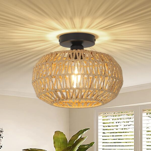 Rattan Light Fixtures Ceiling Mount,Boho Ceiling Light Fixture with Dimmable LED Bulb Mini Hand Woven Rattan - Image 2