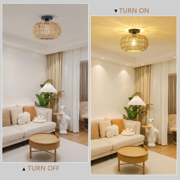 Rattan Light Fixtures Ceiling Mount,Boho Ceiling Light Fixture with Dimmable LED Bulb Mini Hand Woven Rattan - Image 7