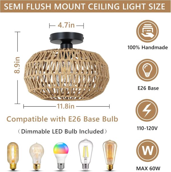 Rattan Light Fixtures Ceiling Mount,Boho Ceiling Light Fixture with Dimmable LED Bulb Mini Hand Woven Rattan - Image 4