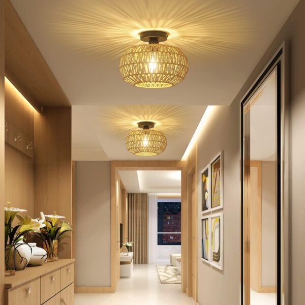 Rattan Light Fixtures Ceiling Mount,Boho Ceiling Light Fixture with Dimmable LED Bulb Mini Hand Woven Rattan - Image 3