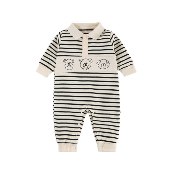 Baby Clothes Spring And Autumn New Boy Baby Clothes Striped Bear Newborn Clothes Lapel Baby Onesie - Image 5