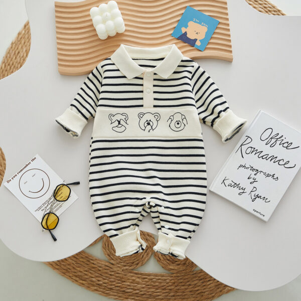 Baby Clothes Spring And Autumn New Boy Baby Clothes Striped Bear Newborn Clothes Lapel Baby Onesie - Image 3