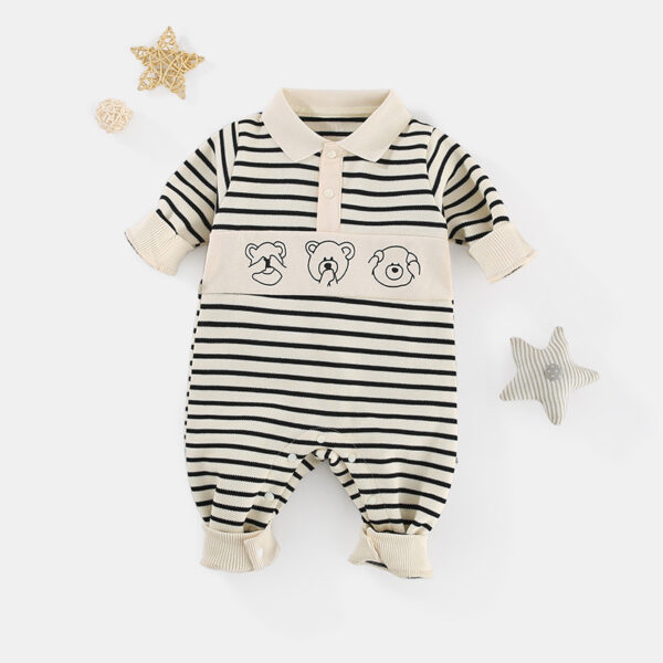 Baby Clothes Spring And Autumn New Boy Baby Clothes Striped Bear Newborn Clothes Lapel Baby Onesie - Image 4