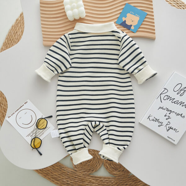 Baby Clothes Spring And Autumn New Boy Baby Clothes Striped Bear Newborn Clothes Lapel Baby Onesie - Image 2